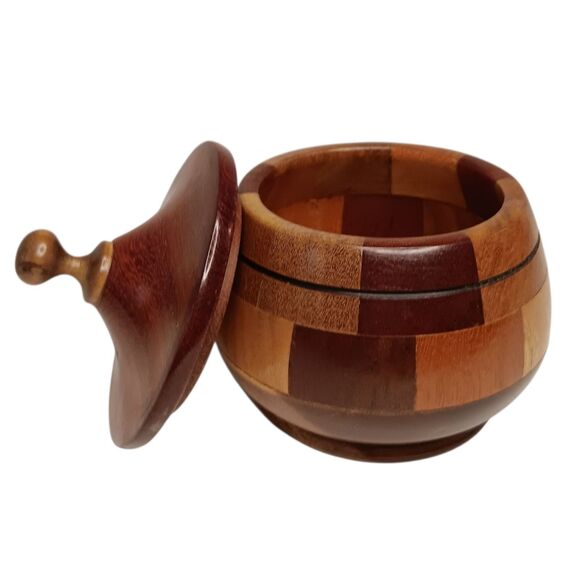 Vintage Round Inlaid Wooden Bowl Trinket  Dish With Lid MCM Parquetry 3.5"x3.5" - Picture 3 of 11